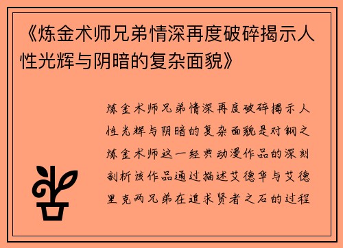 《炼金术师兄弟情深再度破碎揭示人性光辉与阴暗的复杂面貌》
